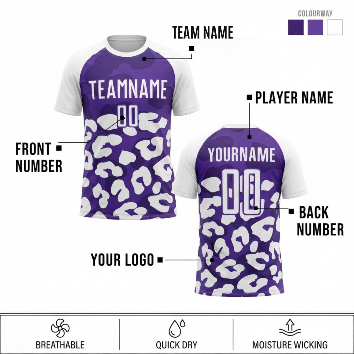 Custom White Animal Leopard Print Sublimated Soccer Jersey with Purple Lettering customization guide
