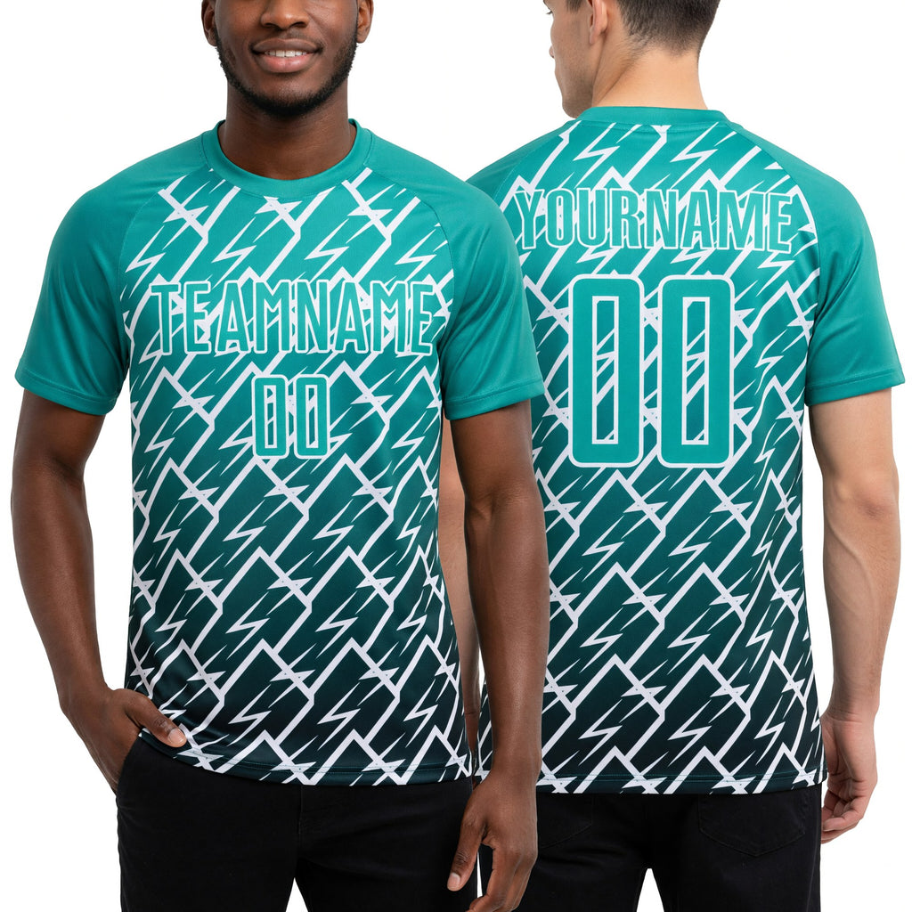 Custom Aqua Black-White Lightning Sports Sublimation Soccer Uniform Jersey worn front and back