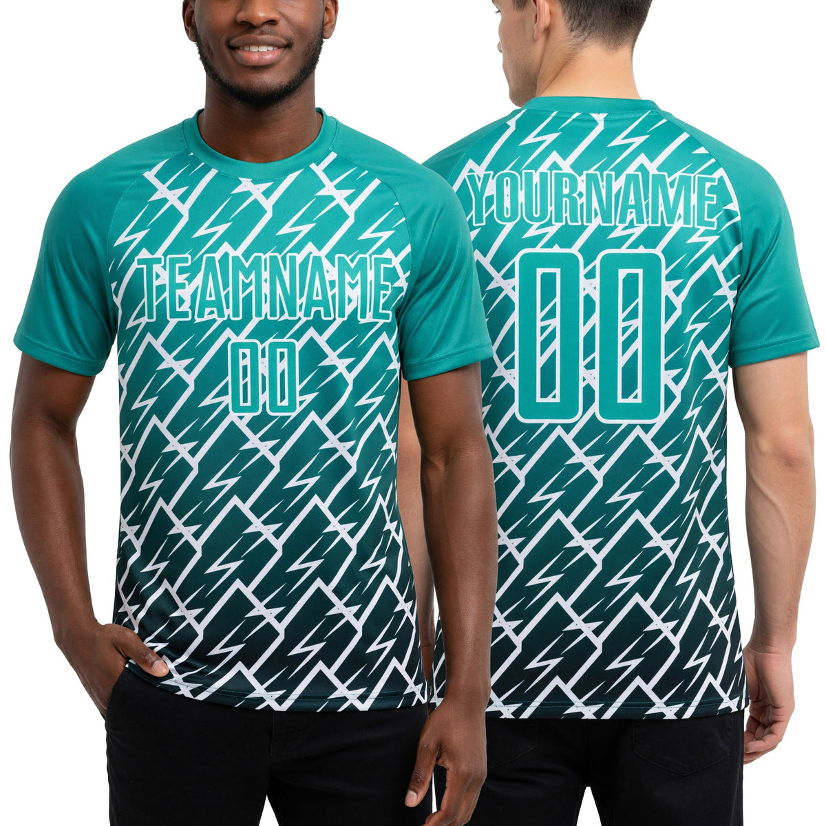 Custom Aqua Black-White Lightning Sports Sublimation Soccer Uniform Jersey worn front and back