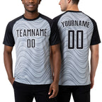 Custom Silver Black-White Wavy Lines Sports Sublimation Soccer Uniform Jersey worn front and back