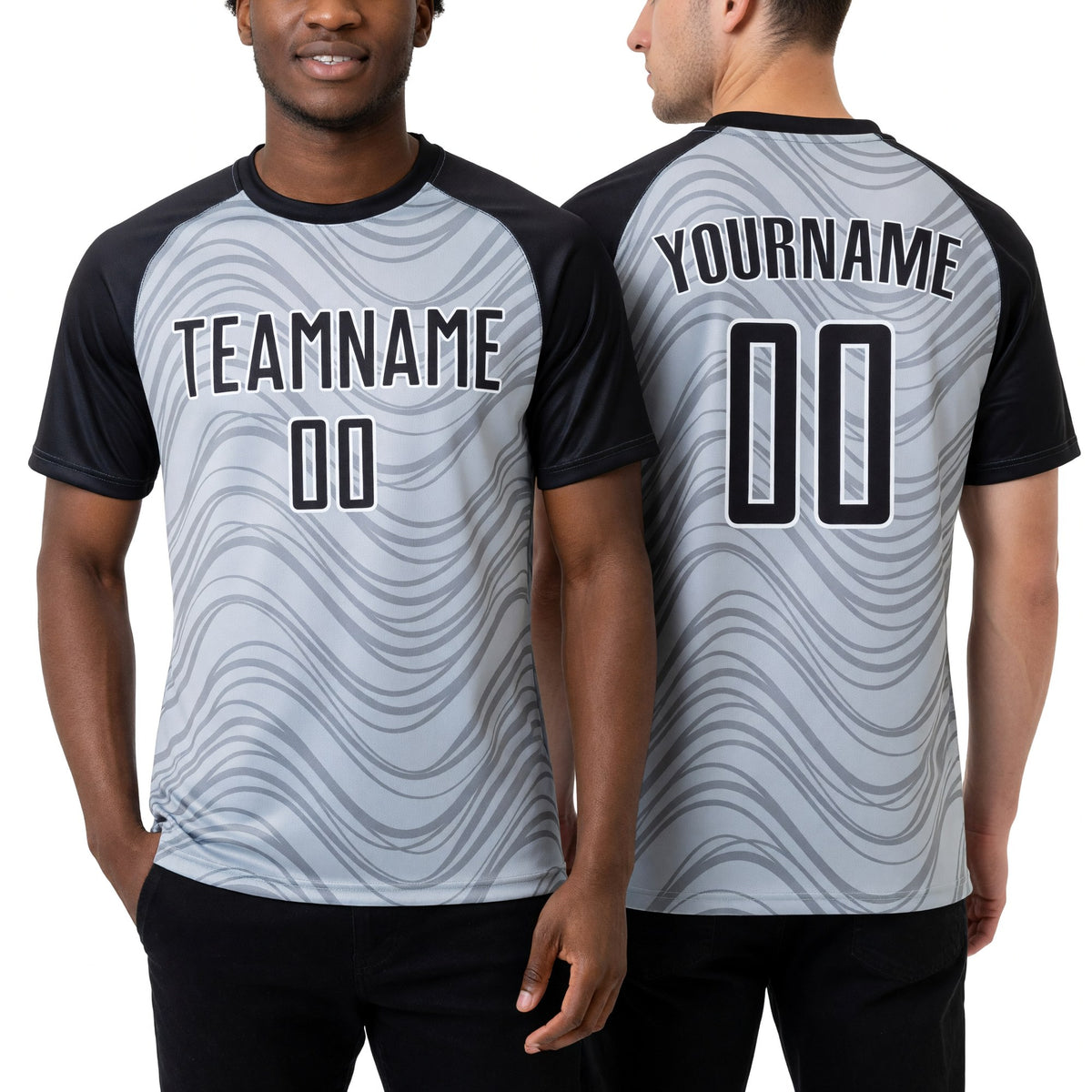 Custom Silver Black-White Wavy Lines Sports Sublimation Soccer Uniform Jersey worn front and back