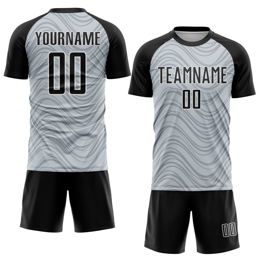 Custom Silver Black-White Wavy Lines Sports Sublimation Soccer Uniform Jersey photo 2