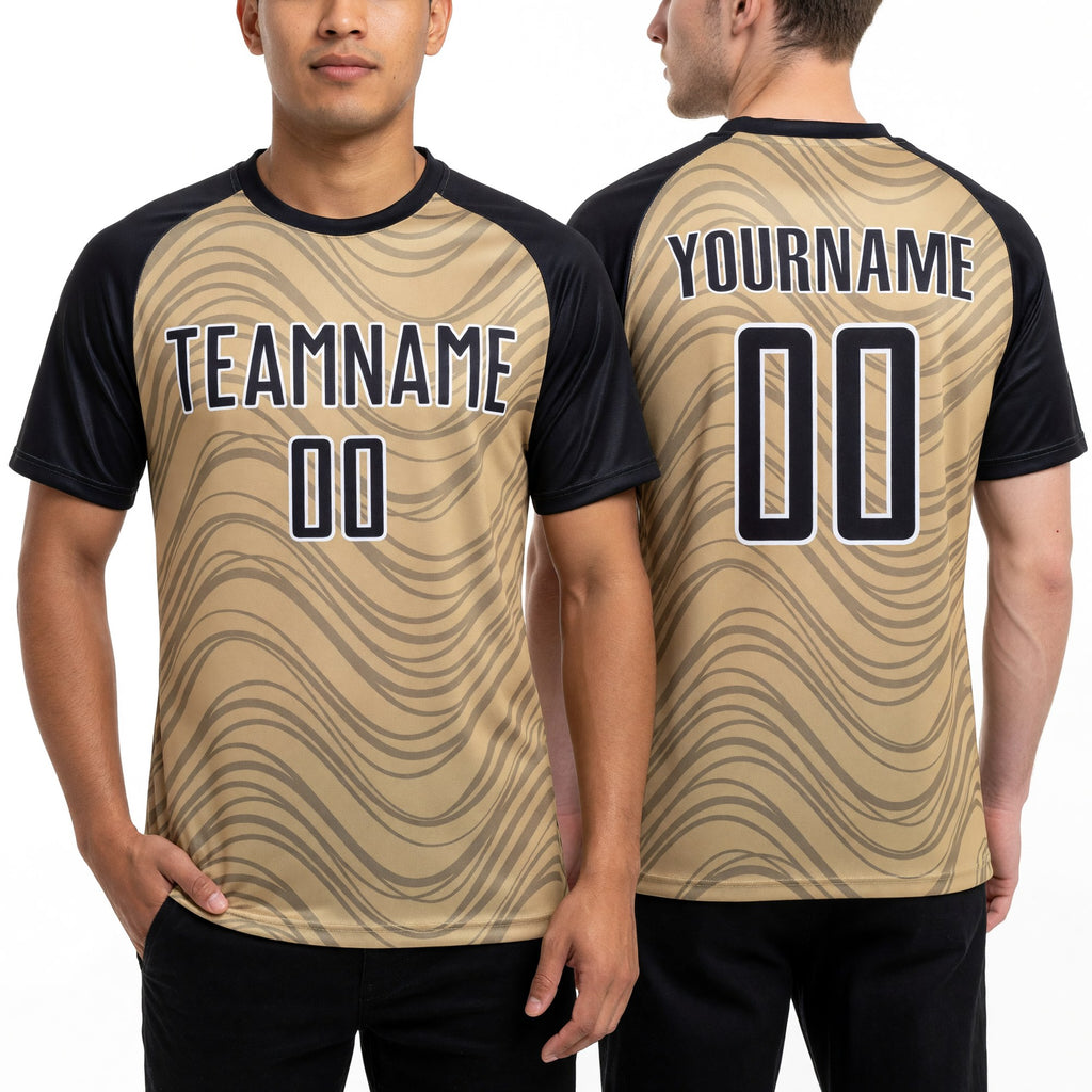 Custom Vegas Gold Black-White Wavy Lines Sports Sublimation Soccer Uniform Jersey worn front and back