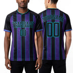 Custom Black Purple-Teal Pinstripe Line Sports Sublimation Soccer Uniform Jersey worn front and back
