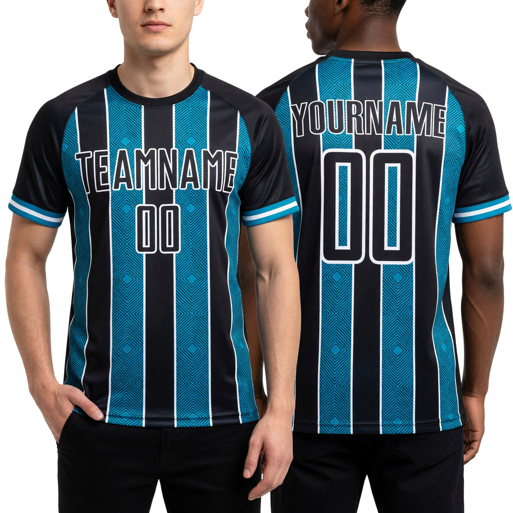 Custom Black Panther Blue-White Pinstripe Line Sports Sublimation Soccer Uniform Jersey worn front and back
