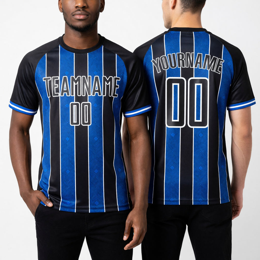 Custom Black Thunder Blue-White Pinstripe Line Sports Sublimation Soccer Uniform Jersey worn front and back