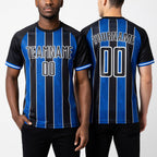 Custom Black Thunder Blue-White Pinstripe Line Sports Sublimation Soccer Uniform Jersey worn front and back