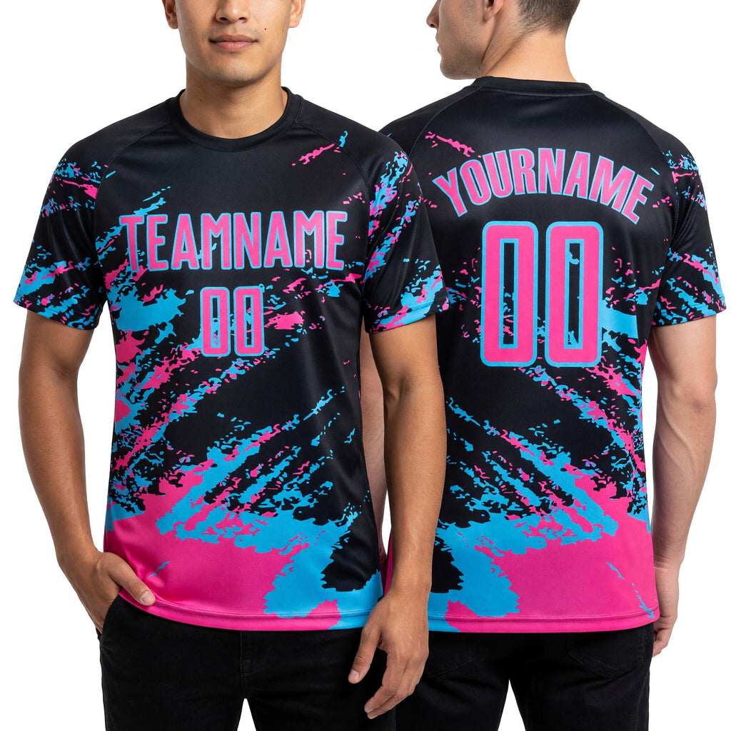 Custom Black Pink-Sky Blue Abstract Fragment Art Splash Sports Sublimation Soccer Uniform Jersey worn front and back
