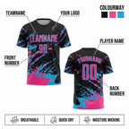 Custom Black Abstract Fragment Art Splash Sublimated Soccer Jersey with Pink and Sky Blue Lettering customization guide