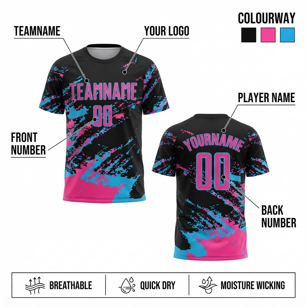 Custom Black Abstract Fragment Art Splash Sublimated Soccer Jersey with Pink and Sky Blue Lettering customization guide
