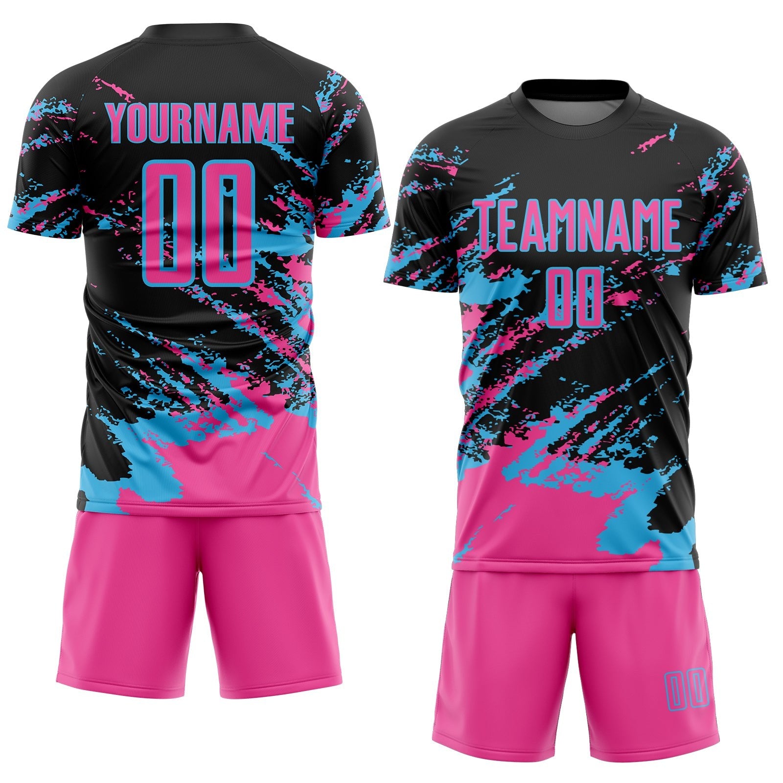 Custom Black Pink-Sky Blue Abstract Fragment Art Splash Sports Sublimation Soccer Uniform Jersey photo 2