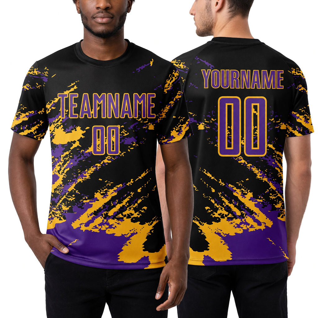 Custom Black Purple-Gold Abstract Fragment Art Splash Sports Sublimation Soccer Uniform Jersey worn front and back