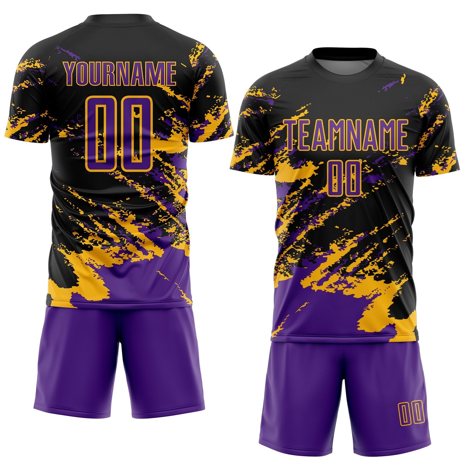 Custom Black Purple-Gold Abstract Fragment Art Splash Sports Sublimation Soccer Uniform Jersey photo 2