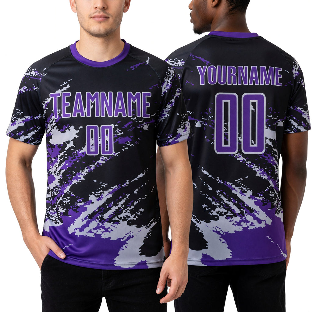 Custom Black Purple-Gray Abstract Fragment Art Splash Sports Sublimation Soccer Uniform Jersey worn front and back