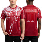 Custom Red White Splash Sports Sublimation Soccer Uniform Jersey worn front and back