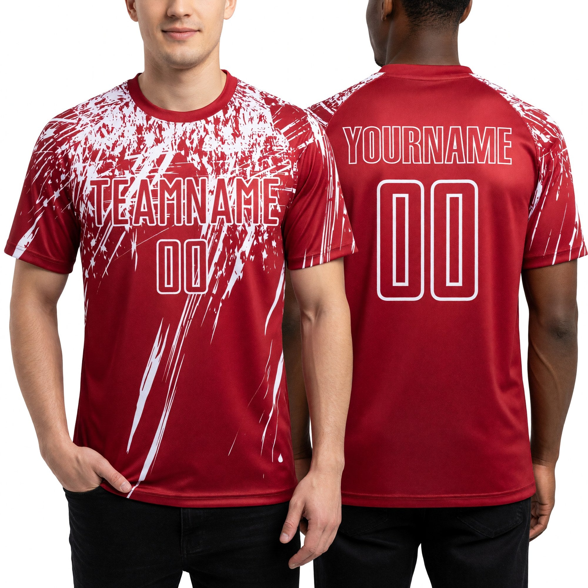 Custom Red White Splash Sports Sublimation Soccer Uniform Jersey worn front and back