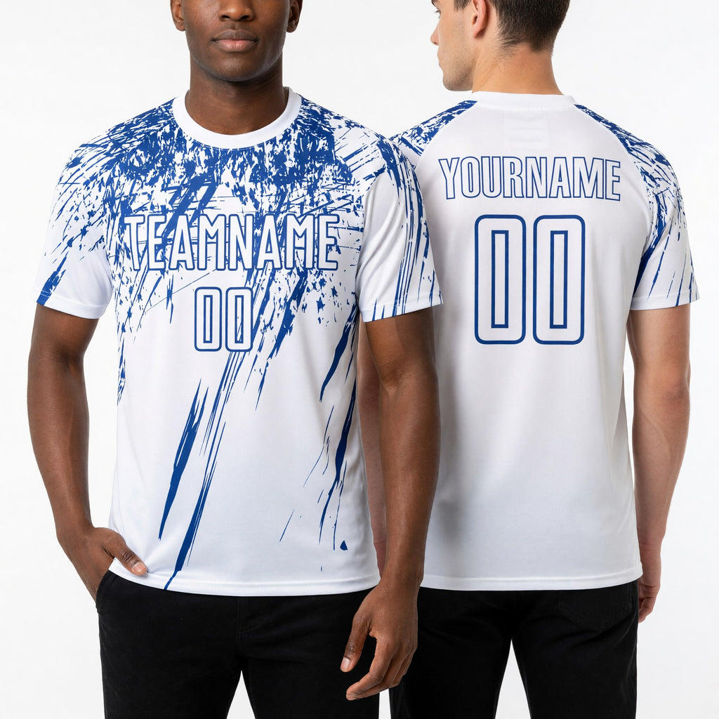 Custom White Royal Splash Sports Sublimation Soccer Uniform Jersey worn front and back