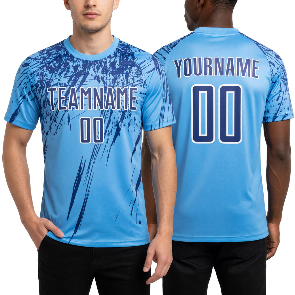 Custom Light Blue Royal-White Splash Sports Sublimation Soccer Uniform Jersey worn front and back