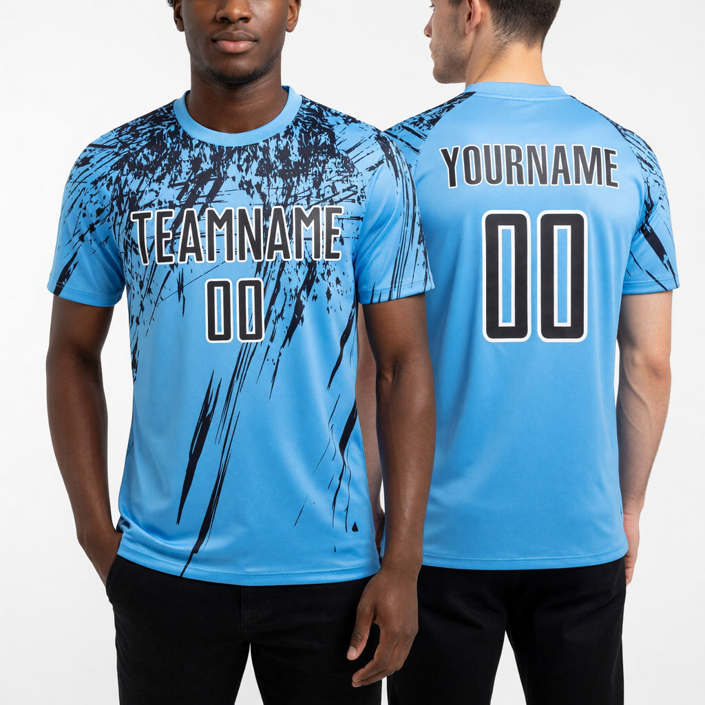 Custom Light Blue Black-White Splash Sports Sublimation Soccer Uniform Jersey worn front and back