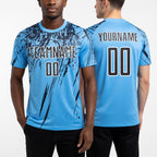Custom Light Blue Black-White Splash Sports Sublimation Soccer Uniform Jersey worn front and back