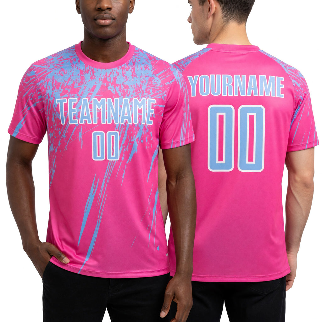 Custom Pink Light Blue-White Splash Sports Sublimation Soccer Uniform Jersey worn front and back