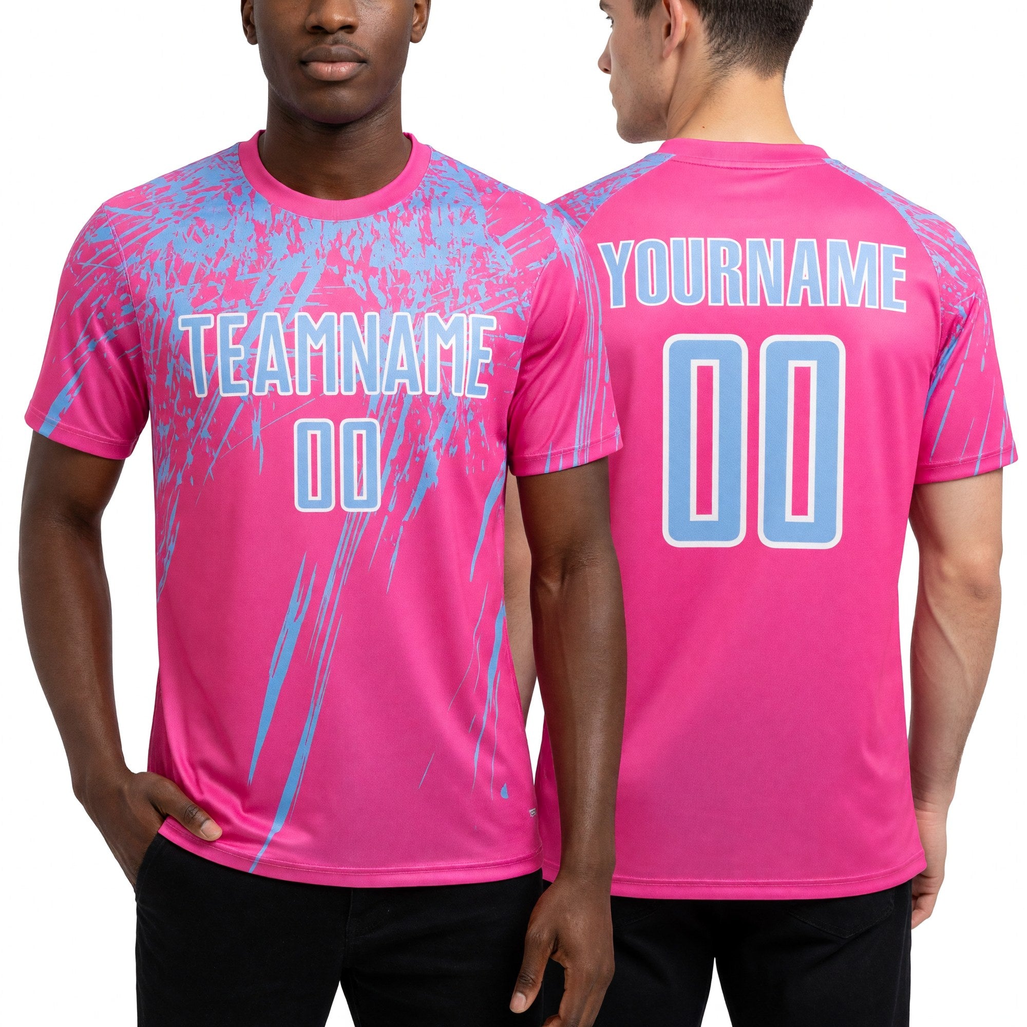 Custom Pink Light Blue-White Splash Sports Sublimation Soccer Uniform Jersey worn front and back