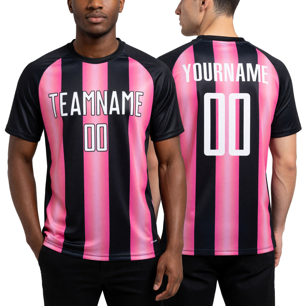Custom Black White-Pink Stripes Sports Sublimation Soccer Uniform Jersey worn front and back