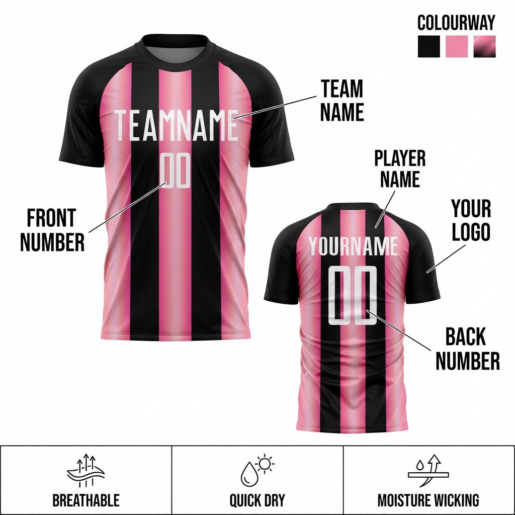 Custom Black Stripes Sublimated Soccer Jersey with White and Pink Lettering customization guide