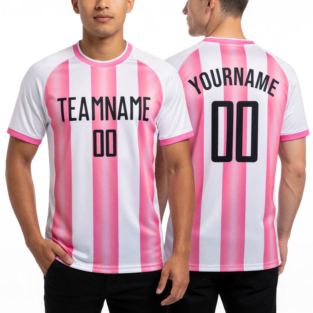 Custom White Black-Pink Stripes Sports Sublimation Soccer Uniform Jersey worn front and back