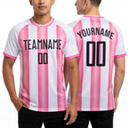 Custom White Black-Pink Stripes Sports Sublimation Soccer Uniform Jersey worn front and back