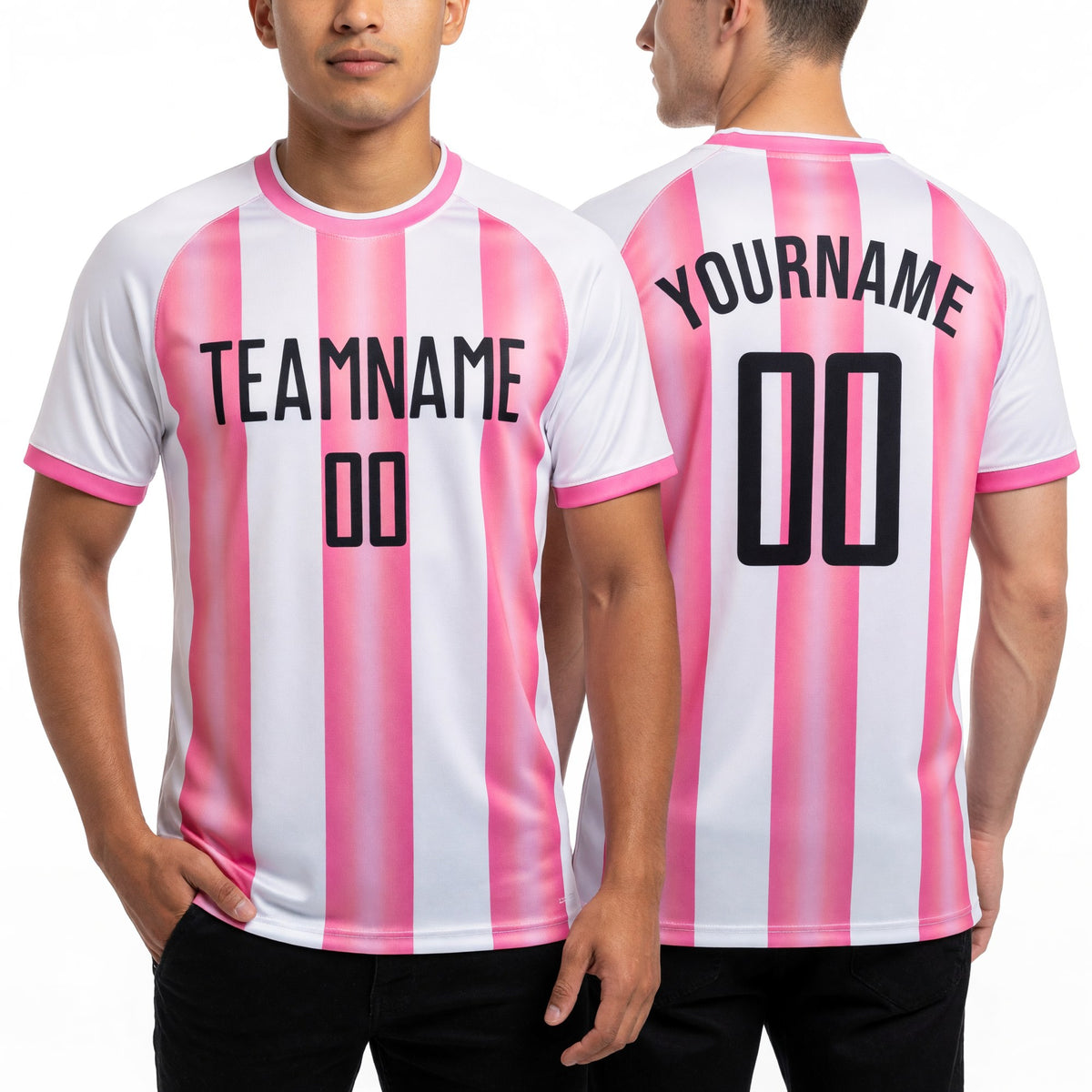 Custom White Black-Pink Stripes Sports Sublimation Soccer Uniform Jersey worn front and back