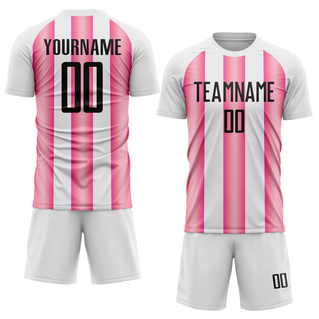Custom White Black-Pink Stripes Sports Sublimation Soccer Uniform Jersey photo 2