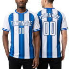 Custom White Blue-Navy Stripes Sports Sublimation Soccer Uniform Jersey worn front and back