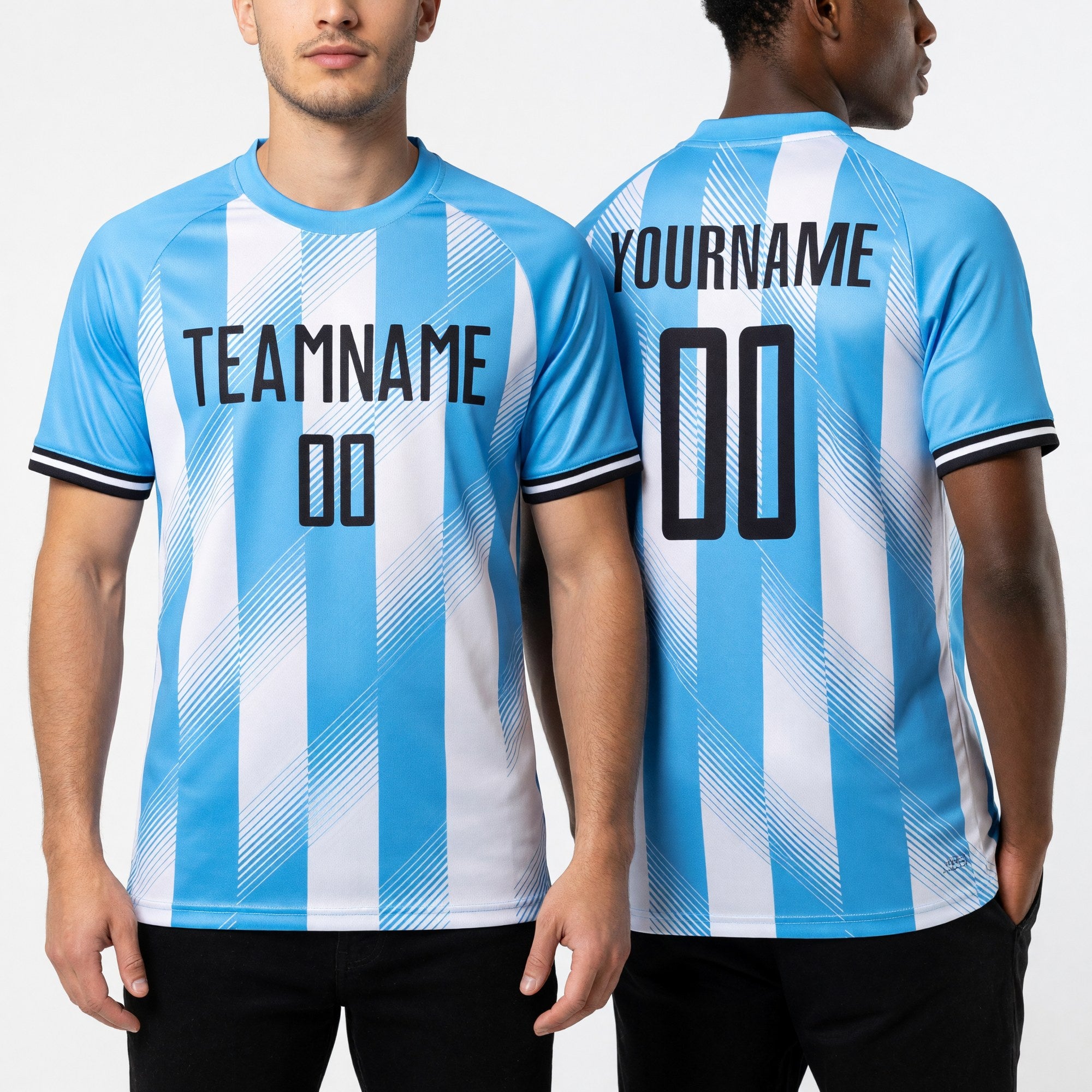 Custom Light Blue Black-White Argentina Stripes Sports Sublimation Soccer Uniform Jersey worn front and back