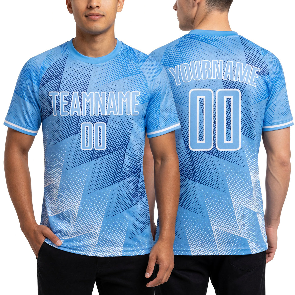 Custom Light Blue Royal-White Argentina Round Sports Sublimation Soccer Uniform Jersey worn front and back