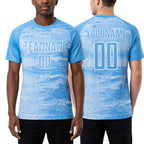 Custom Light Blue White Argentina Geometric Pattern Sports Sublimation Soccer Uniform Jersey worn front and back