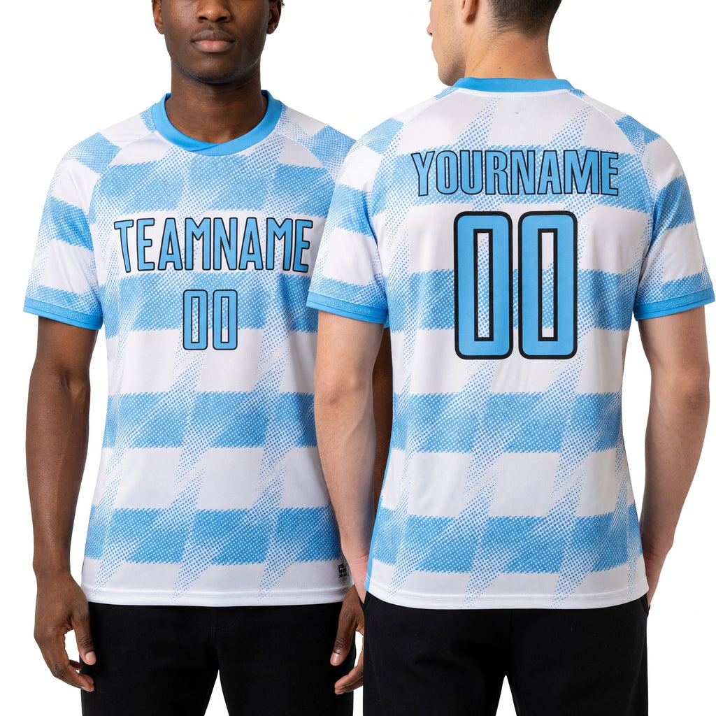 Custom White Light Blue-Black Argentina Stripes Sports Sublimation Soccer Uniform Jersey worn front and back