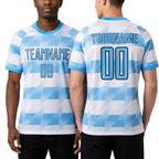 Custom White Light Blue-Black Argentina Stripes Sports Sublimation Soccer Uniform Jersey worn front and back