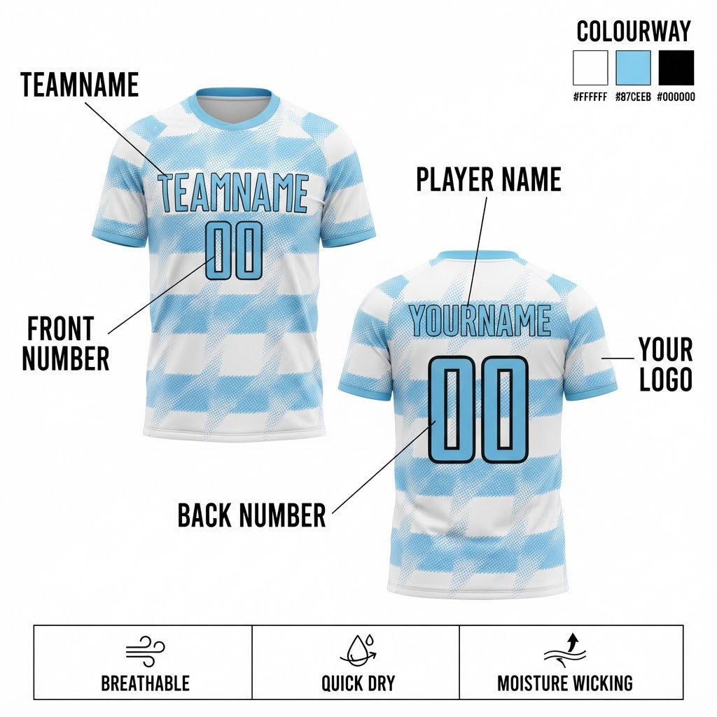 Custom White Argentina Stripes Sublimated Soccer Jersey with Light Blue and Black Lettering customization guide