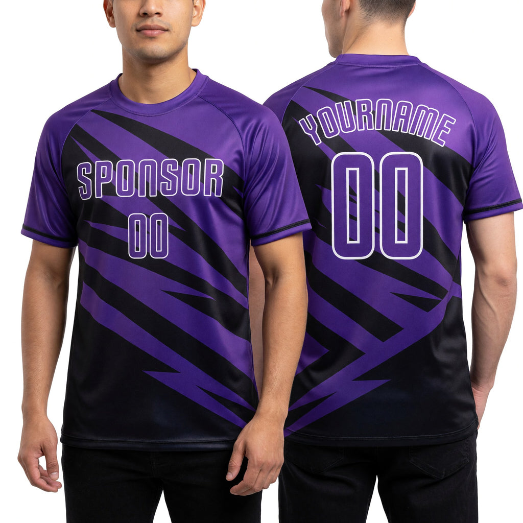 Custom Purple Black-White Abstract Line Sports Sublimation Soccer Uniform Jersey worn front and back