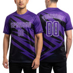 Custom Purple Black-White Abstract Line Sports Sublimation Soccer Uniform Jersey worn front and back
