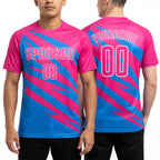Custom Pink Powder Blue-White Abstract Line Sports Sublimation Soccer Uniform Jersey worn front and back