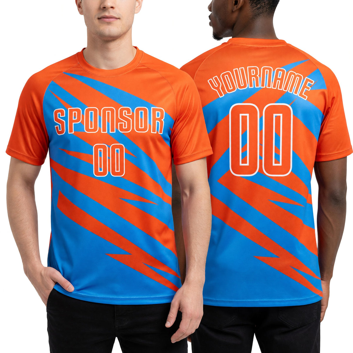 Custom Orange Powder Blue-White Abstract Line Sports Sublimation Soccer Uniform Jersey worn front and back
