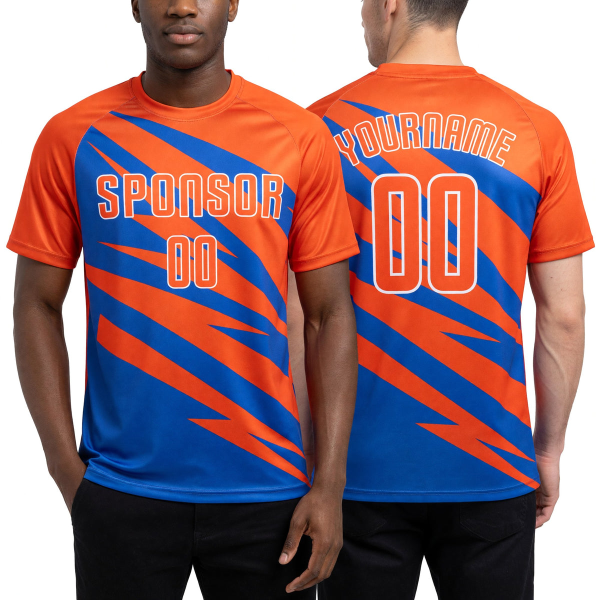 Custom Orange Thunder Blue-White Abstract Line Sports Sublimation Soccer Uniform Jersey worn front and back