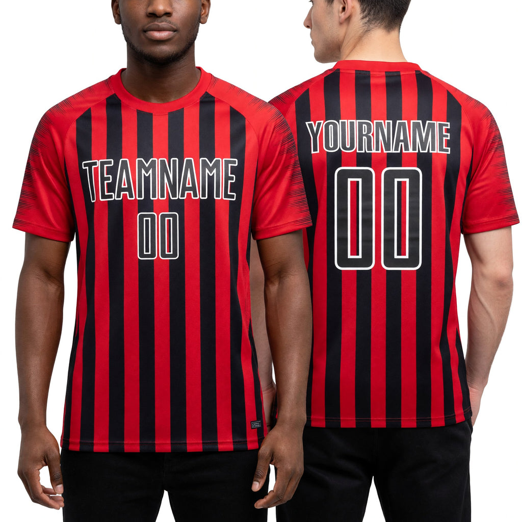Custom Red Black-White Stripe Sports Sublimation Soccer Uniform Jersey worn front and back