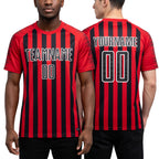 Custom Red Black-White Stripe Sports Sublimation Soccer Uniform Jersey worn front and back