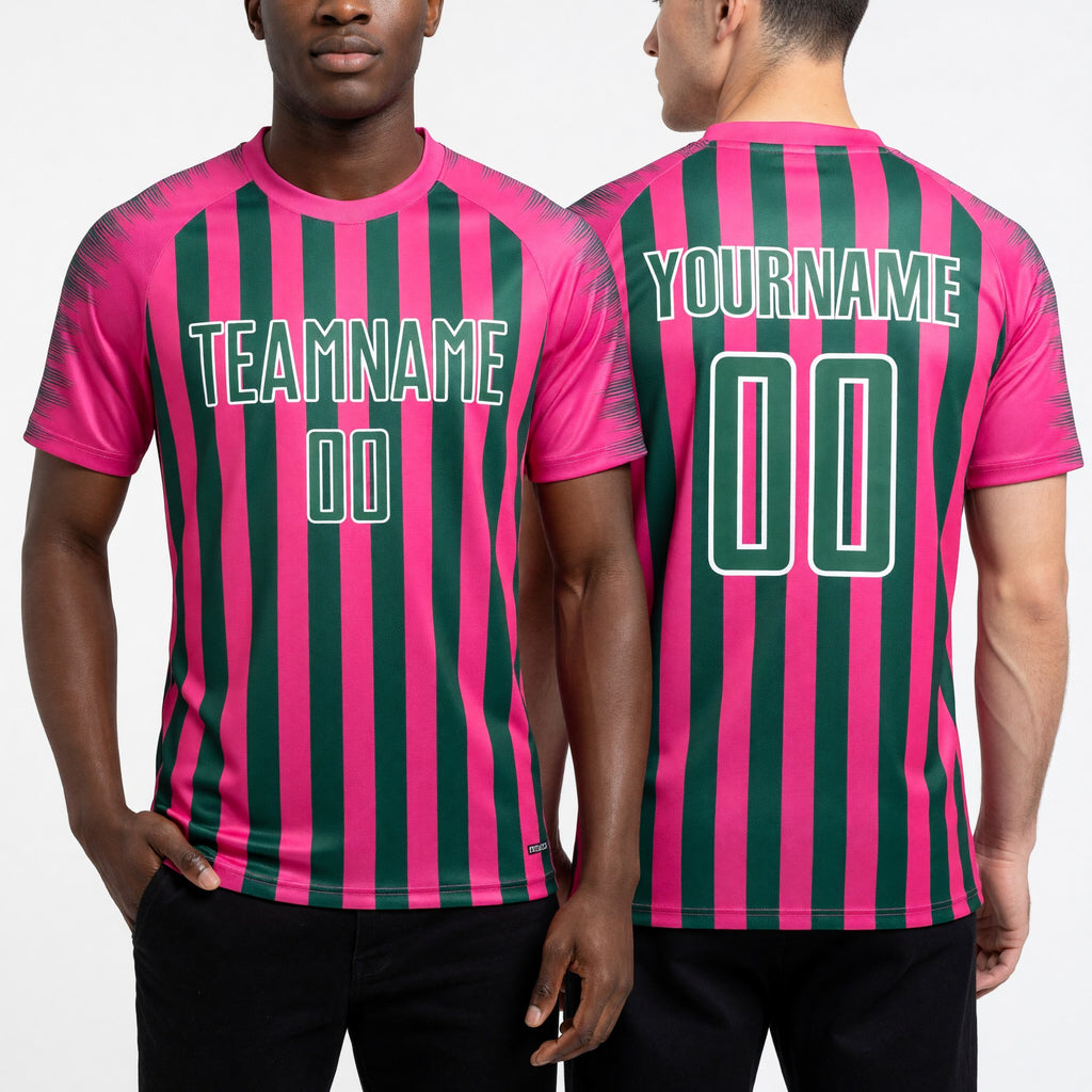 Custom Pink Kelly Green-White Stripe Sports Sublimation Soccer Uniform Jersey worn front and back
