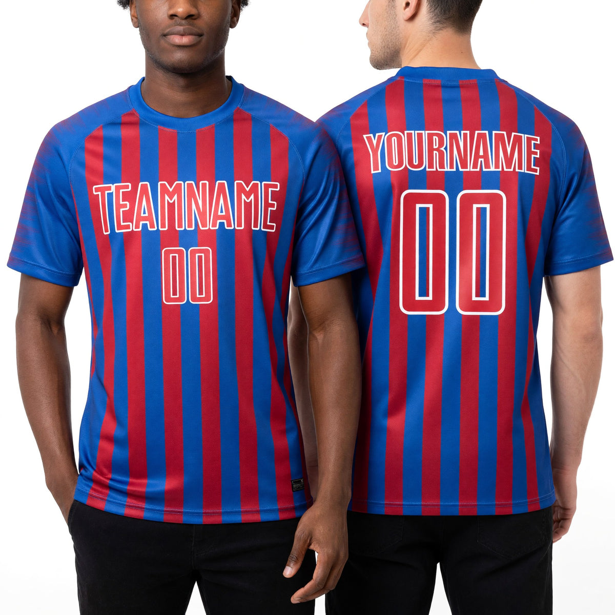 Custom Thunder Blue Red-White Stripe Sports Sublimation Soccer Uniform Jersey worn front and back