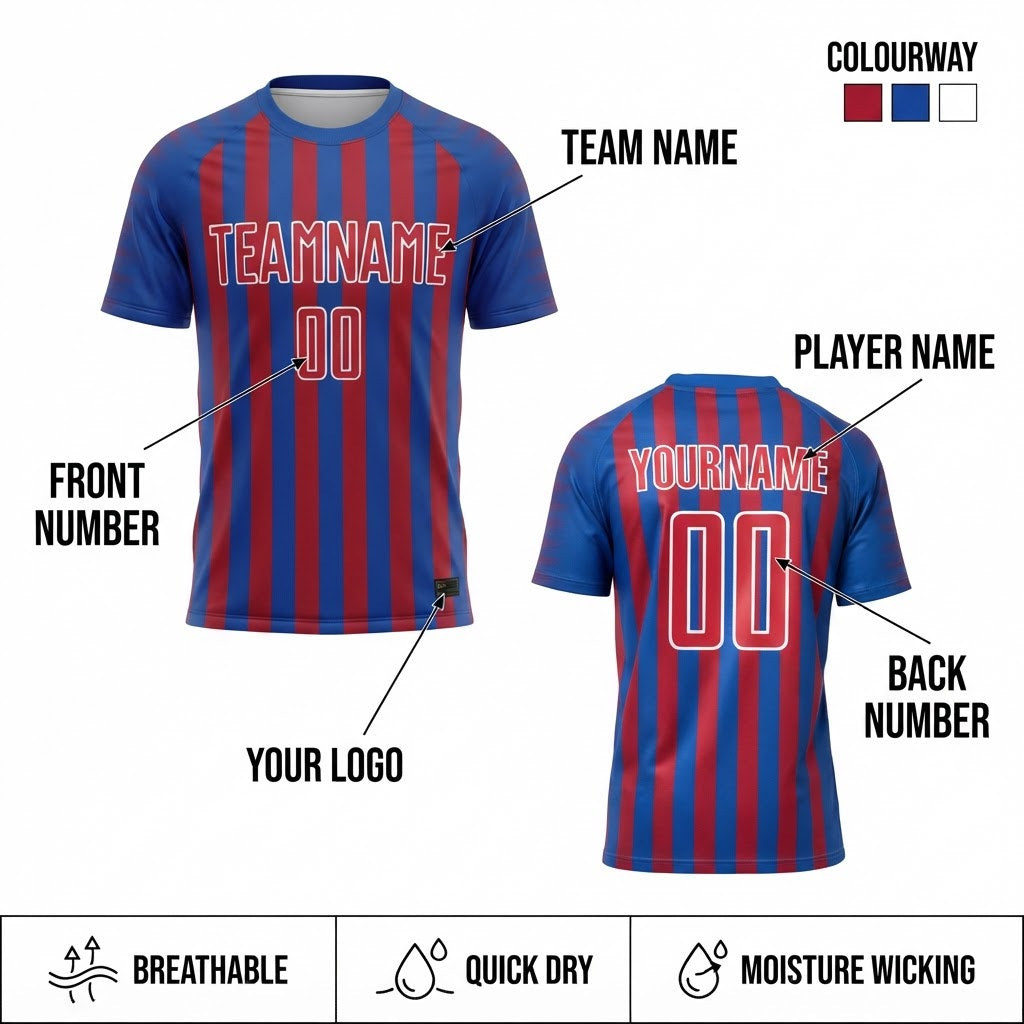 Custom Thunder Blue Stripe Sublimated Soccer Jersey with Red and White Lettering customization guide