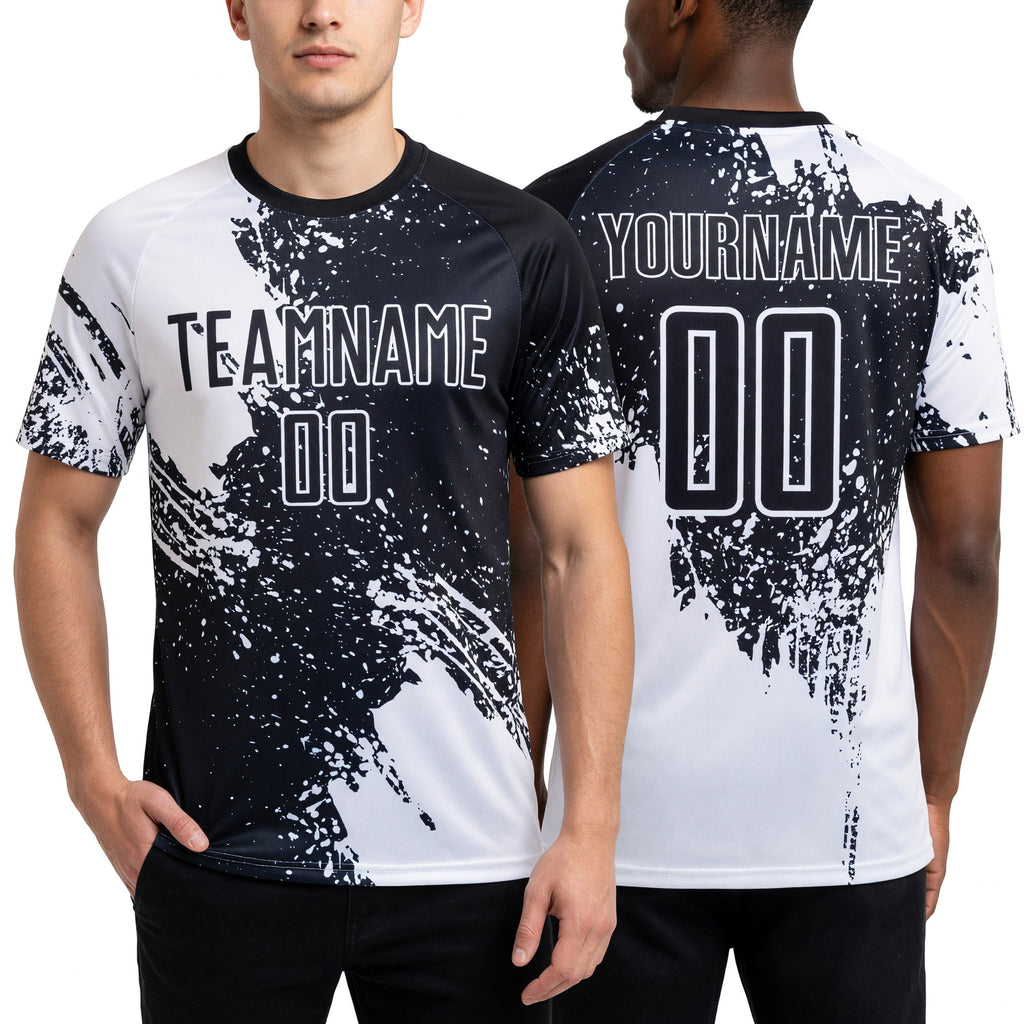 Custom Black White Abstract Brush Stroke Sports Sublimation Soccer Uniform Jersey worn front and back